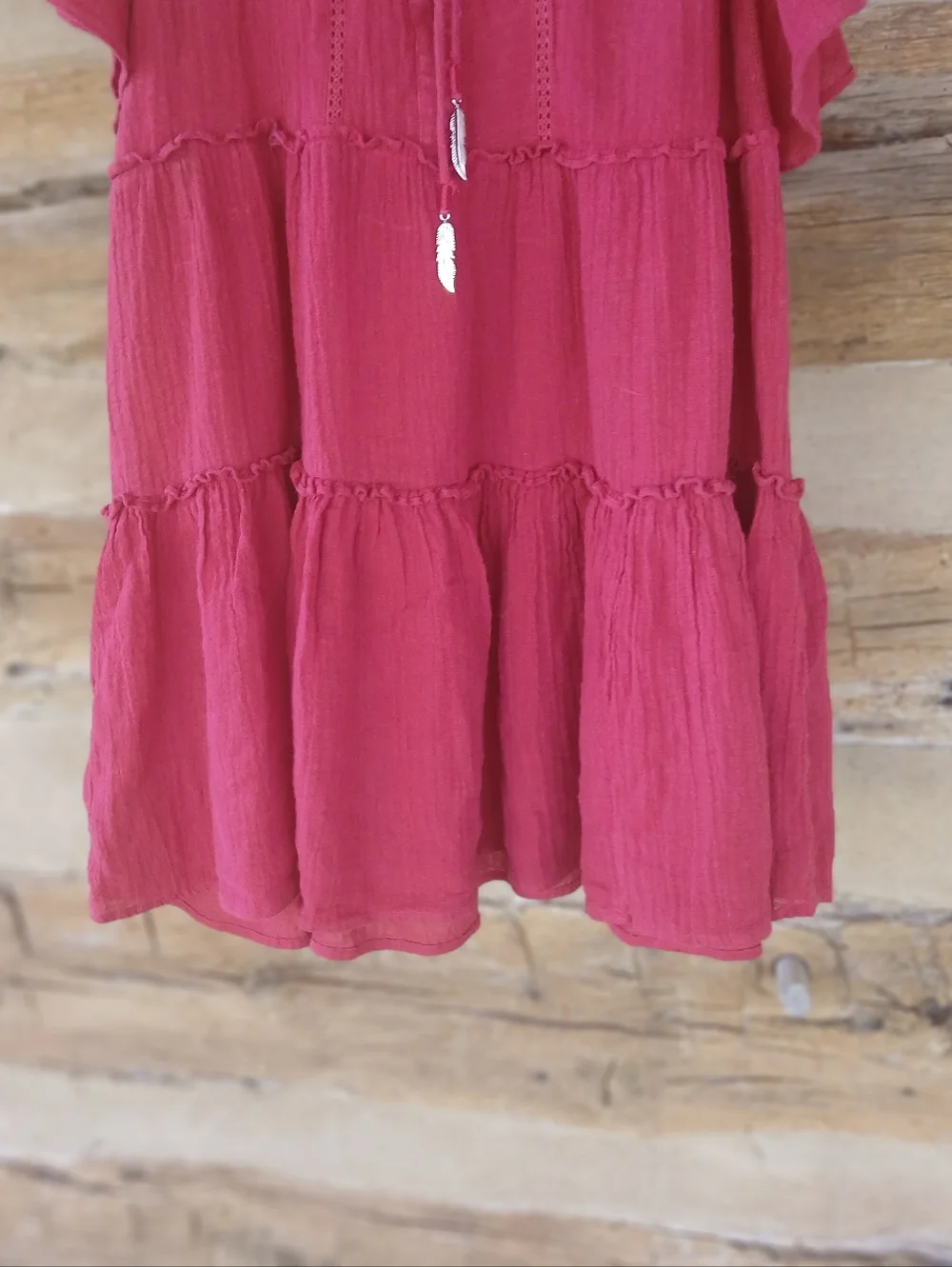 Karlie Red Flutter Sleeve Tiered Linen Cotton Mini Dress Medium - Picture 3 of 9
